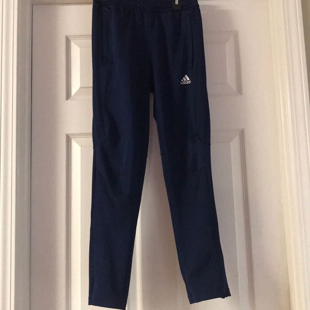 A blue on blue adidas track pants